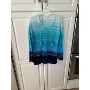 J. Jill Women Blue Ombre 100% Linen V-Neck Tassel Tie Sweater Small